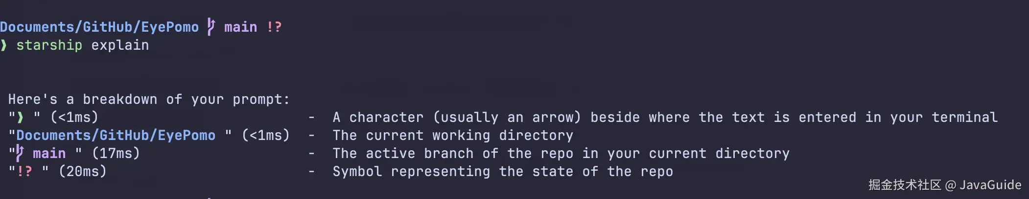 Starship explain 展示 prompt 中的路径、分支和 Git 状态