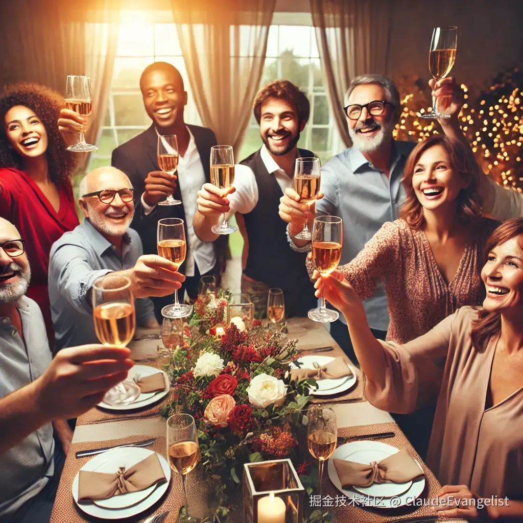 DALL·E 2024-09-29 21.15.20 - A joyful celebration scene where people of diverse backgrounds are raising glasses in a toast. They are smiling and standing around a table with drink.webp