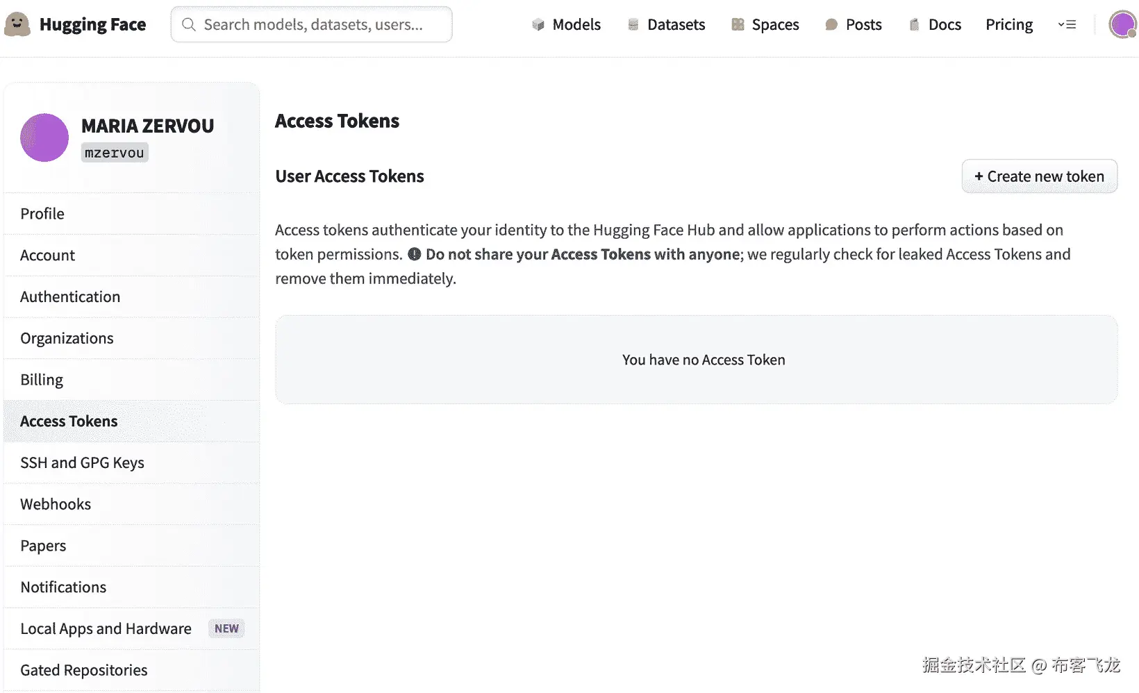 图 13.16 – 在 Hugging Face 中创建新的访问令牌