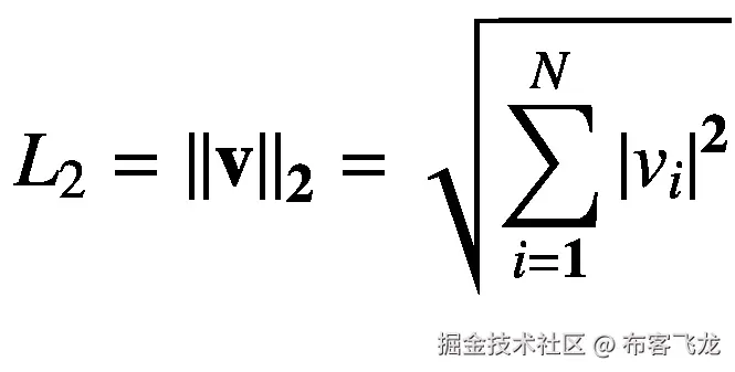 {L}_2={\left|\left|\mathbf{v}\right|\right|}_{\mathbf{2}}=\sqrt{\sum \limits_{i=\mathbf{1}}^N{\left|{v}_i\right|}^{\mathbf{2}}}