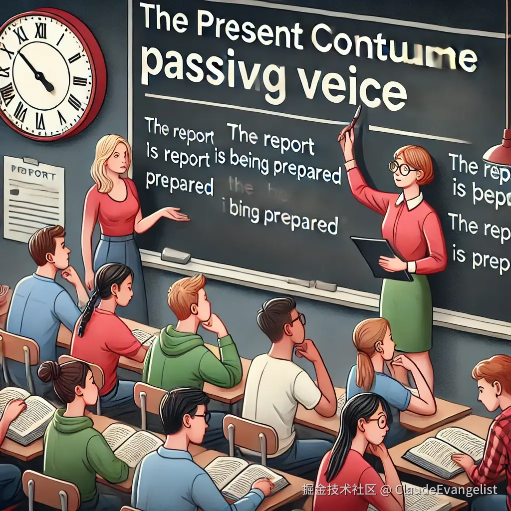 DALL·E 2025-01-03 23.31.27 - A professional illustration showing the concept of the present continuous passive voice in English grammar. The illustration should depict a classroom.webp