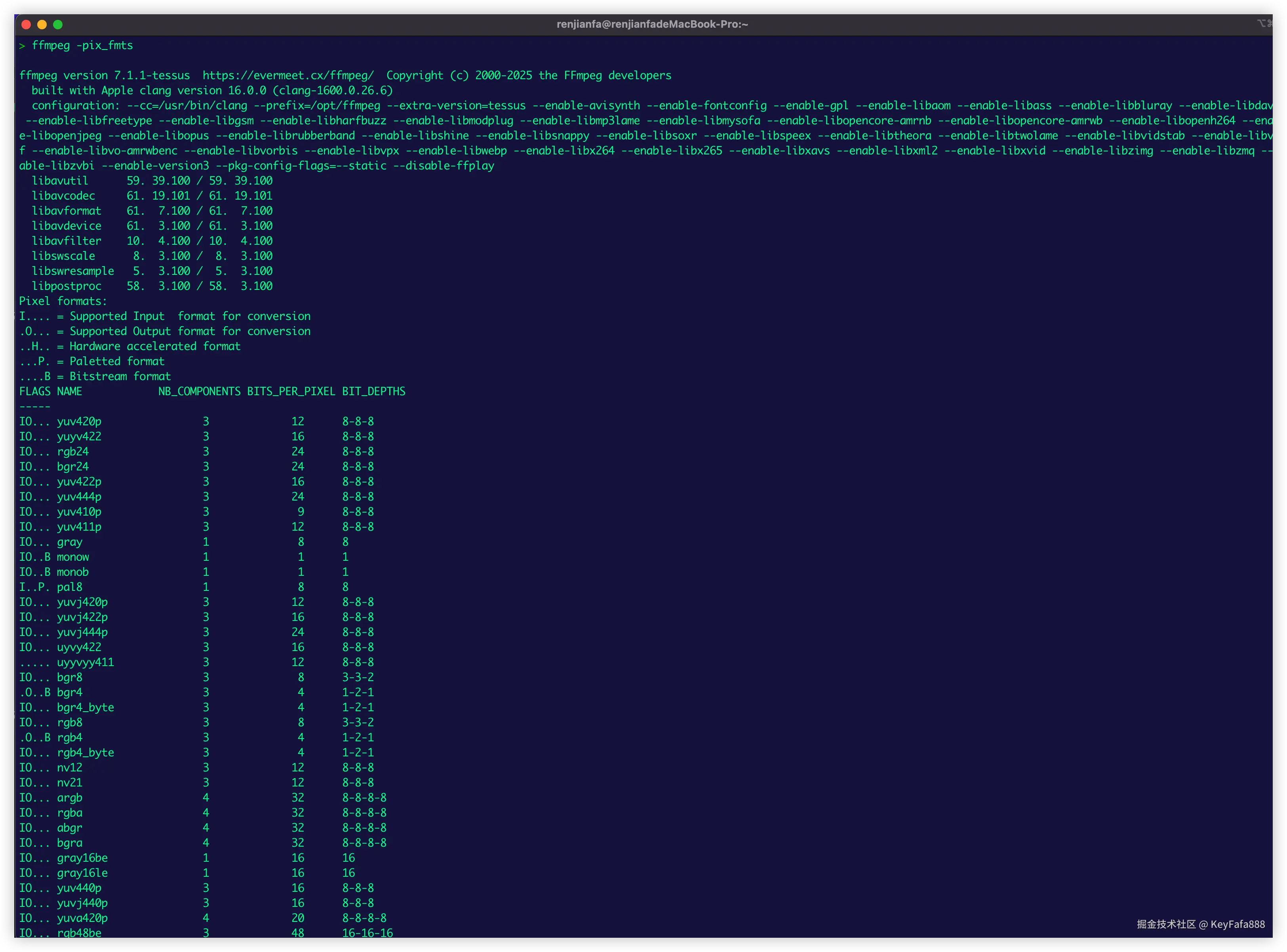查看 FFmpeg 显示可用的像素格式 