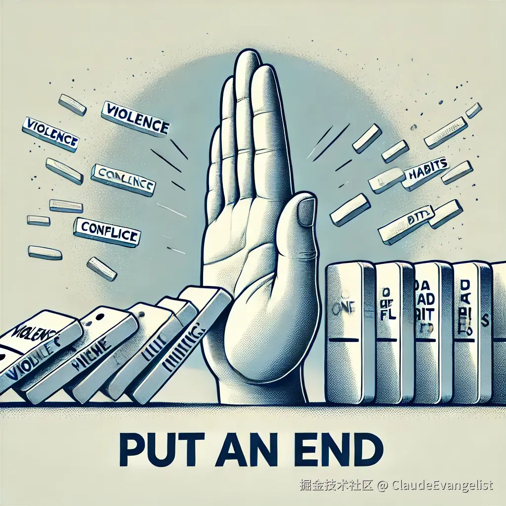 DALL·E 2024-10-23 21.09.11 - A clear illustration of the phrase 'put an end' symbolized by a large hand stopping a chain reaction of dominoes falling. The background is simple and.webp