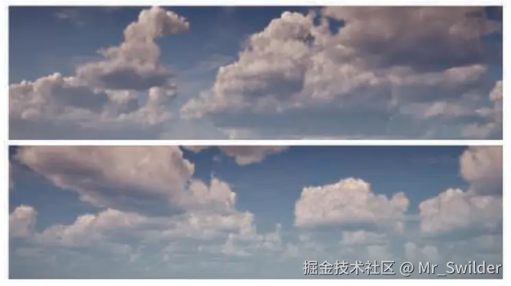 图14.29：使用Perlin-Worley噪声和光线步进进行渲染的云层，它具有动态的体积光照和体积阴影。 [1572]