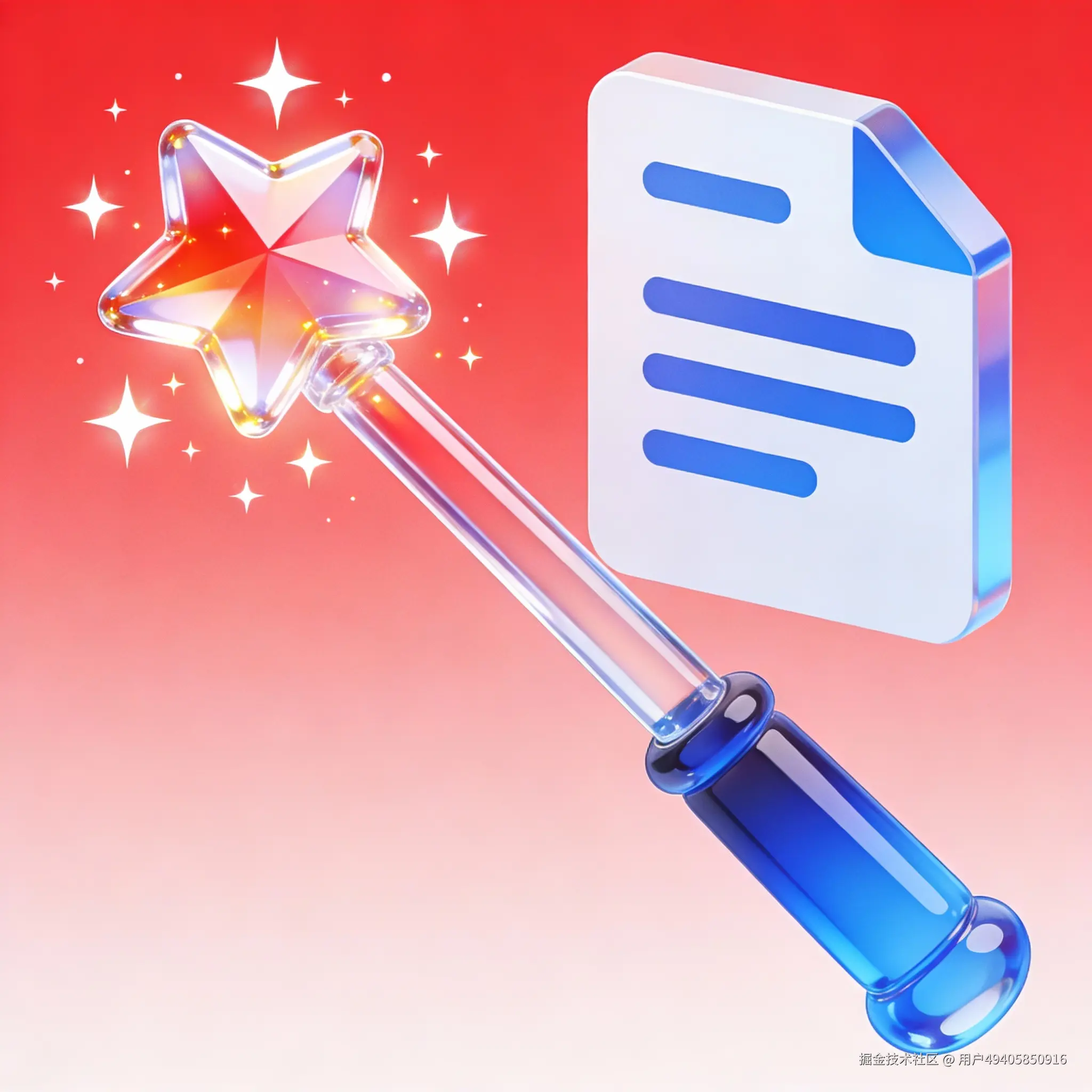 一支3D玻璃质感的魔法棒，顶端散发出闪亮的星星，旁边有一个文档符号
