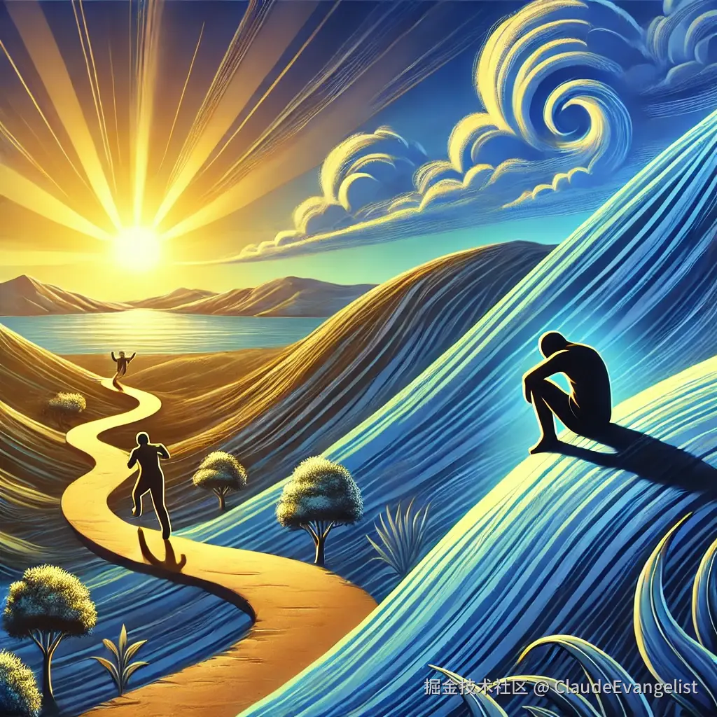 DALL·E 2024-12-12 16.33.53 - A symbolic illustration representing the concept of 'ups and downs' in life, featuring a winding path with hills and valleys under a vibrant sky. On t.webp
