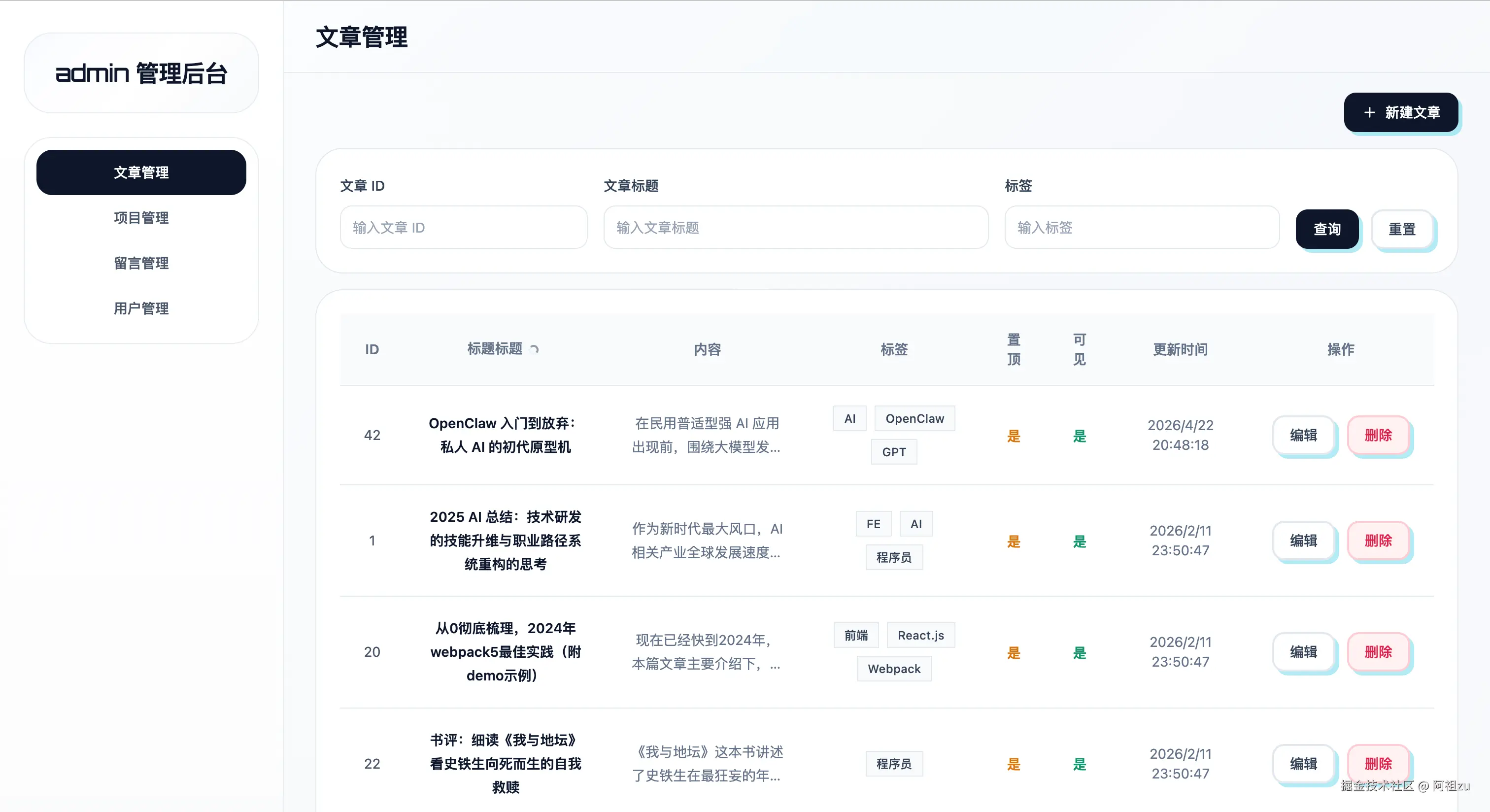 后台管理 - 文章