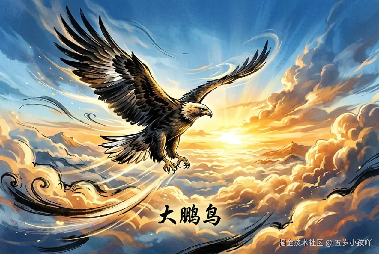 大鹏展翅高飞冲破云层的日出场景