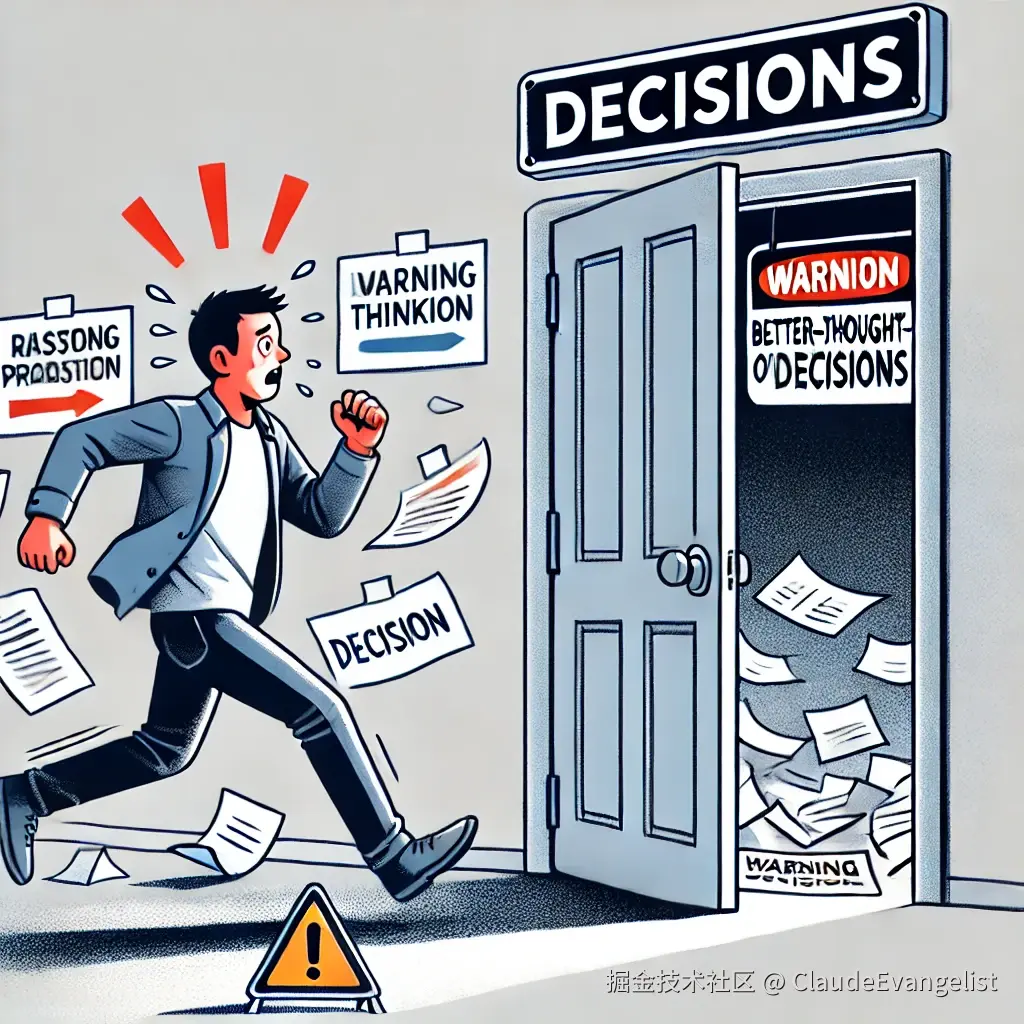 DALL·E 2024-11-04 20.45.38 - An illustration depicting a person hurriedly running into a situation represented metaphorically, such as a large, open door labeled 'Decisions', with.webp