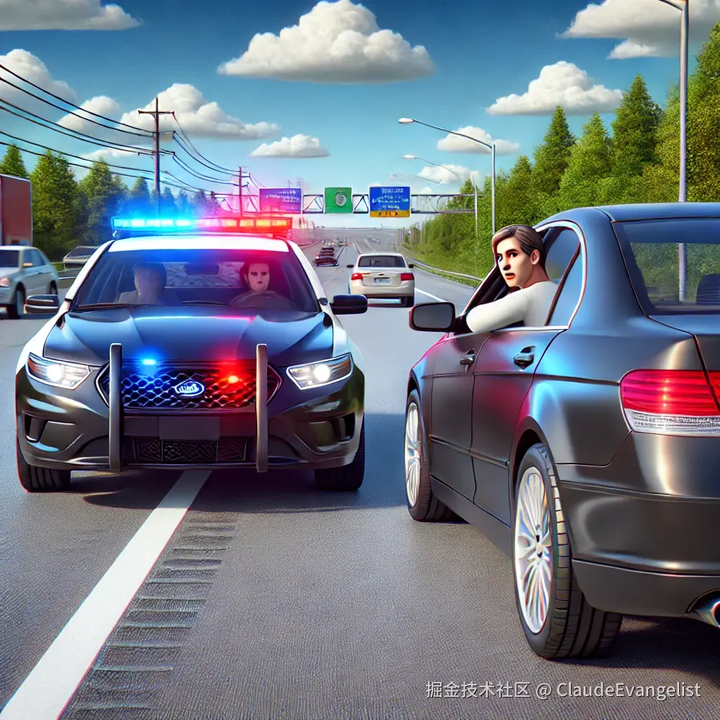 DALL·E 2024-12-25 11.13.58 - A realistic illustration of a car being pulled over by a police car on the side of a highway. The police car has its lights flashing, and the driver i.webp