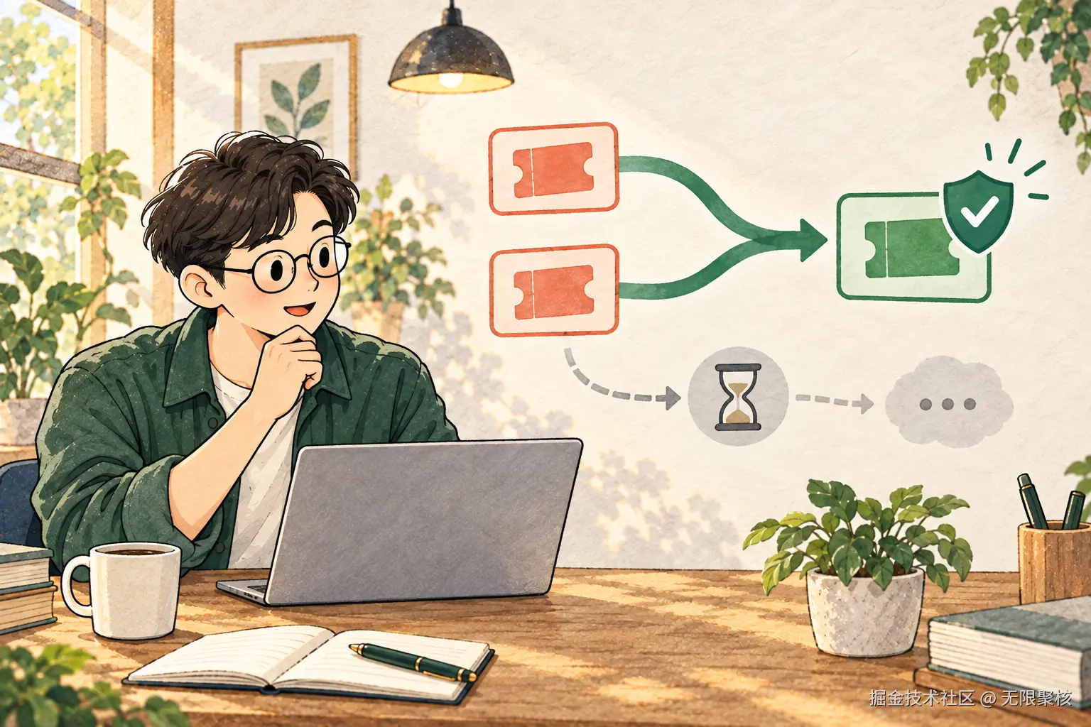 两个重复核销请求汇入一个受保护结果，结果未知分支等待确认的卡通示意