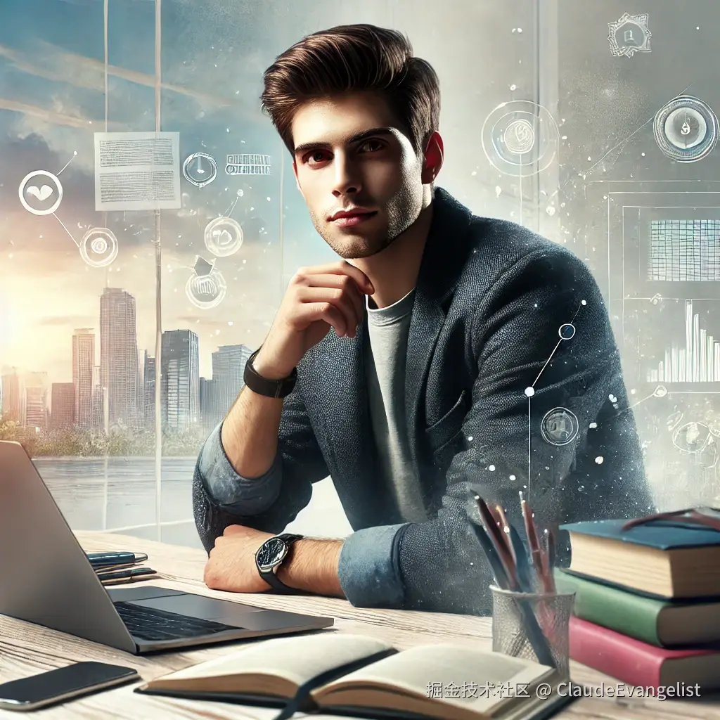 DALL·E 2024-12-25 11.08.30 - An inspiring digital illustration of a determined young professional, sitting at a desk surrounded by notes, books, and a laptop. The individual is fo.webp