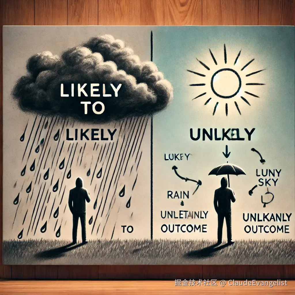 DALL·E 2024-10-17 22.57.04 - A visual representation of the phrase 'likely to', showing two possible outcomes. On one side, depict a person standing under a cloudy sky with rain b.webp