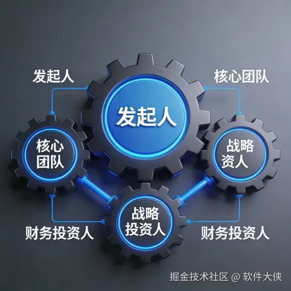 一张商务财经风格3D插画，用图形化方式解释“113模式”。画面中心是一个大齿轮代表“发起人”，与三个小齿轮（代表核心团队、战略投资人、财务投资人）联动，象征协作。图形元素清晰，标注文字为“发起人”、“核心团队”、“投资人”。风格现代、简洁，使用科技蓝和深灰色。