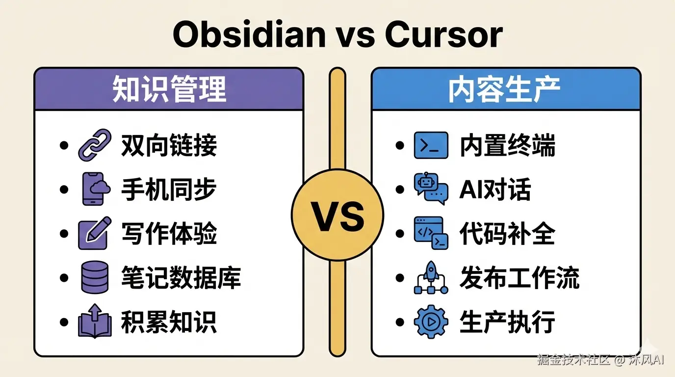 Obsidian vs Cursor：知识管理与内容生产的定位对比