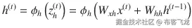 {h}^{(t)}={\phi}_h\left({z}_h^{(t)}\right)={\phi}_h\left({W}_{xh}{x}^{(t)}+{W}_{hh}{h}^{\left(t-1\right)}\right)