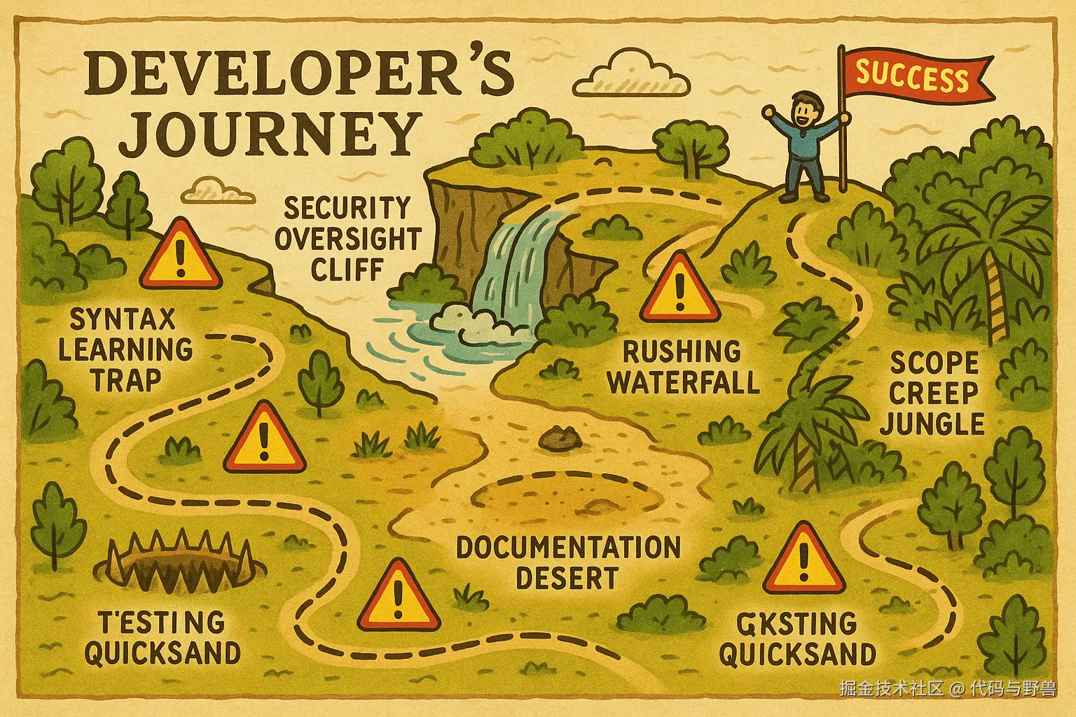 An_adventure_map_depicting_a_developer_s_journey_as_a_path_filled_with_various_pitfalls_and_warning_signs_The_style_is_an_adventure_map_aesthetic_with_vibrant_warning_colors_red_and_yellow_and_clear_cautionary_symbols_The_path_includes_trap.png