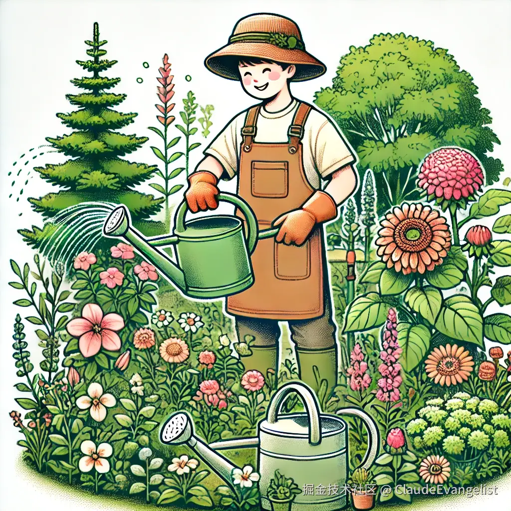 DALL·E 2024-10-19 13.22.09 - A detailed illustration of a person tending a small garden with various flowers and plants growing beautifully. The person is smiling, wearing a garde.webp