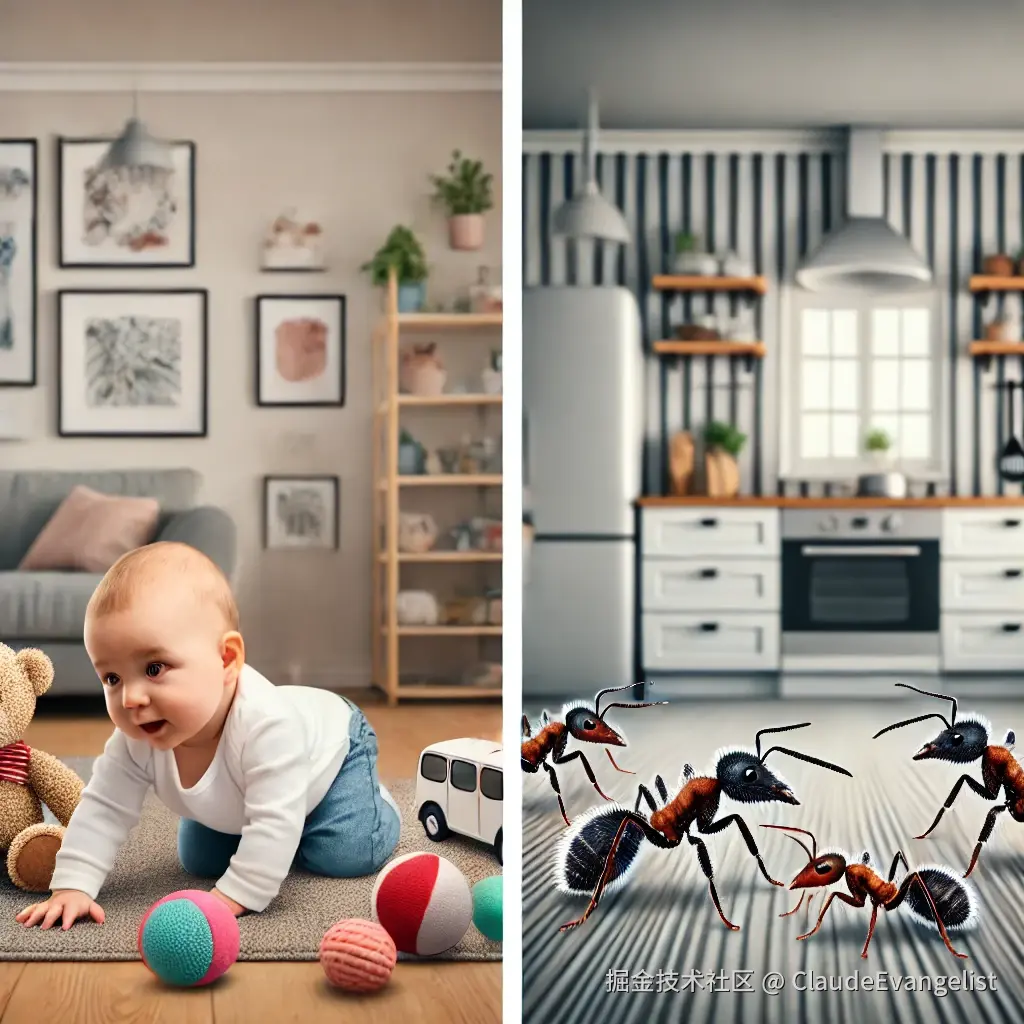 DALL·E 2024-12-06 23.34.12 - A clear, illustrative image showing two scenarios_ on the left side, a baby crawling on the floor of a cozy living room, with soft toys scattered arou.webp