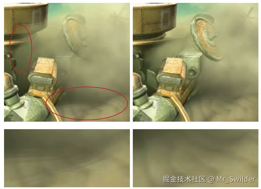 图13.10：在左边，由于尘埃云广告牌与物体相交，圆圈区域内会显示出清晰的边缘和条带。在右边，广告牌会在物体附近逐渐消失，从而避免了这个问题。在底部，下方圆圈区域的内容被放大以供对比参考。 [1300]