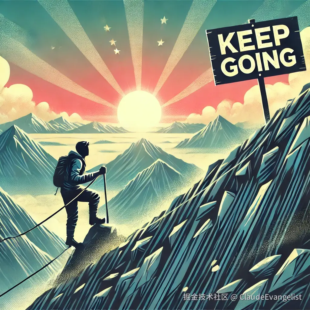 DALL·E 2024-11-10 23.03.24 - A motivational illustration showing a person climbing a steep mountain trail with a determined look, facing strong winds and obstacles but still movin.webp