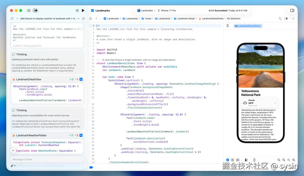 在 Xcode 中，开发者使用智能体编程开发一个展示黄石国家公园详细视图的 iPhone 应用。