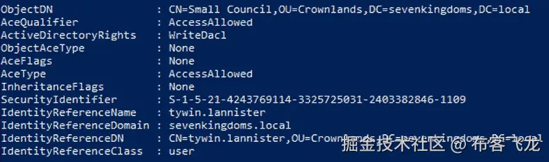 图 6.12 – tywin.lannister 在小委员会组上拥有 WriteDacl 权限
