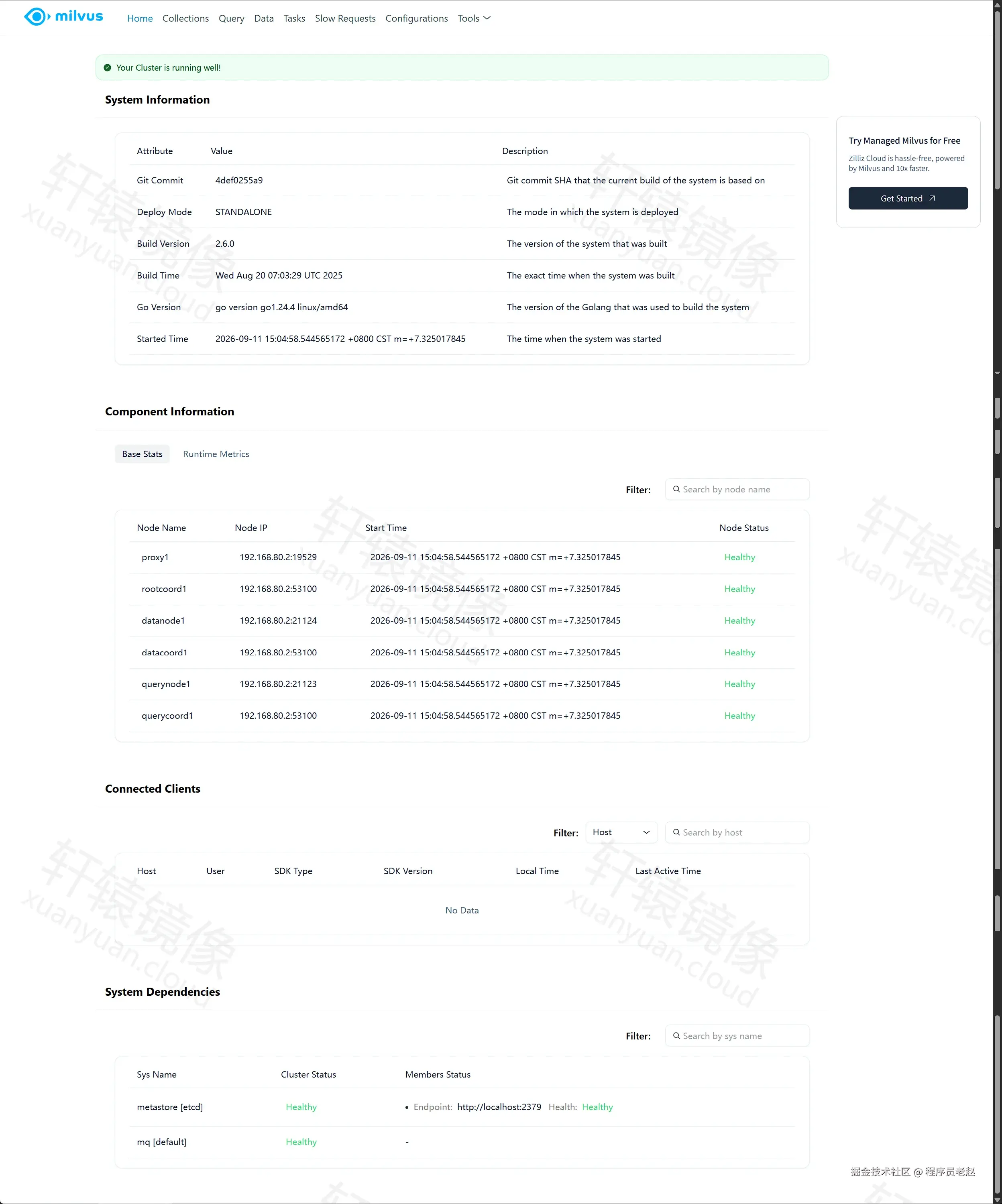 Milvus WebUI 首页：Standalone 2.6.0 集群运行正常，各组件与 etcd/mq 均为 Healthy