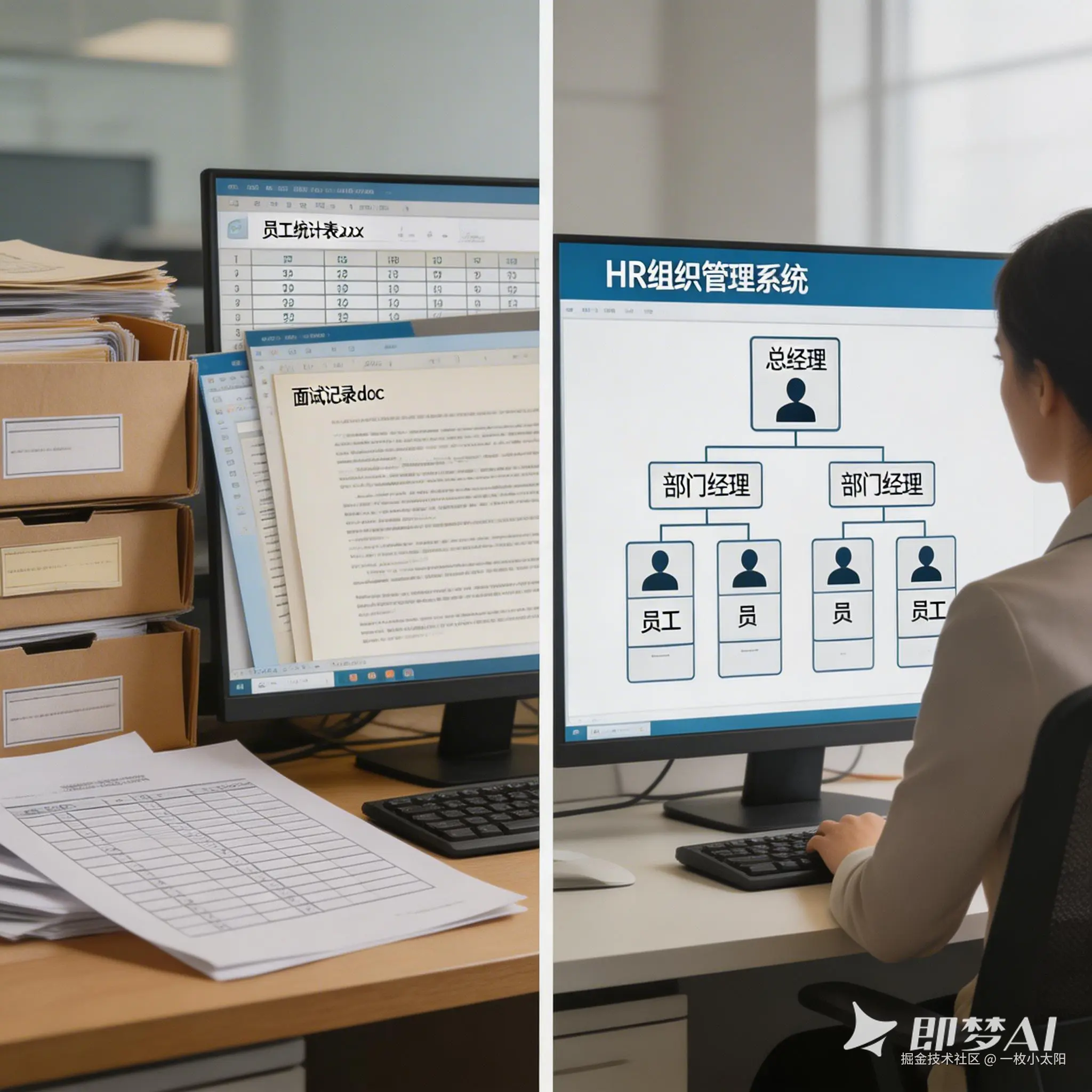 jimeng-2026-04-10-2452-插画或实拍对比：左边多窗口表格_纸质档案堆，右边单一桌面软件窗口；可加「组织架构....png
