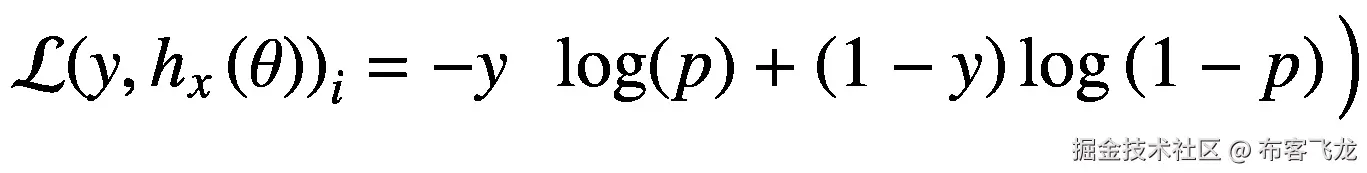 \mathrm{\mathcal{L}}{\left(y,{h}_x\left(\theta \right)\right)}_i=-y\kern0.5em \log (p)+\left(1-y\right)\log \left(1-p\right)\Big)