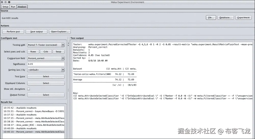 Weka experimenter and model selection