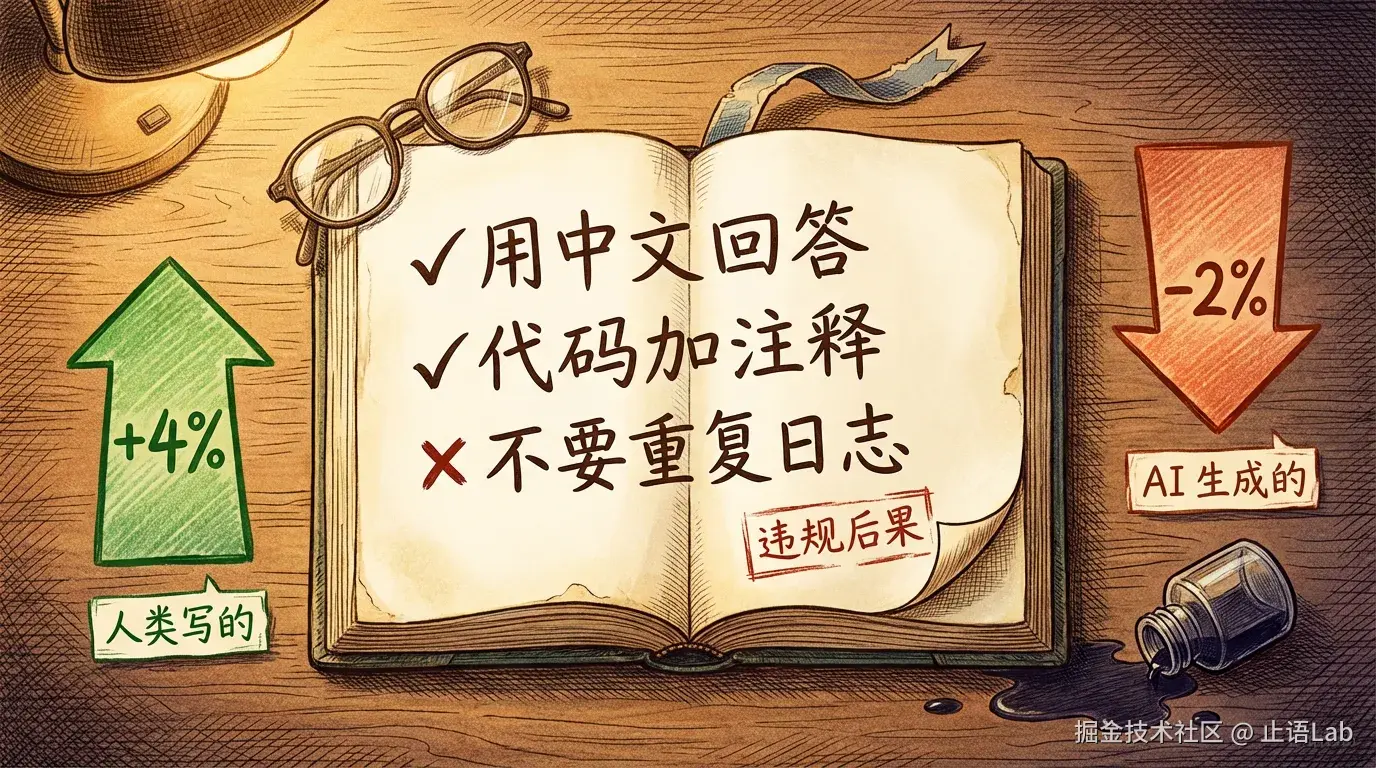 翻开的员工手册，旁边标注 +4% 和 -2% 的数据对比