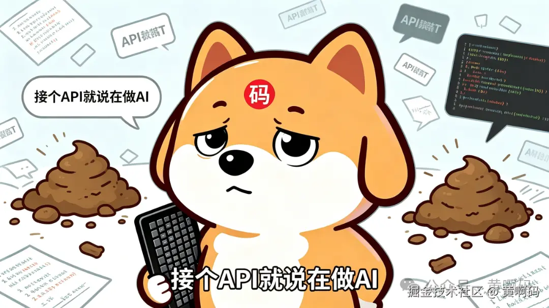 jimeng-2026-05-31-5780-黄啊码柴犬形象，双眼睁开，表情疑惑无奈，背景是散落的API接口、屎山代码和对话框....png