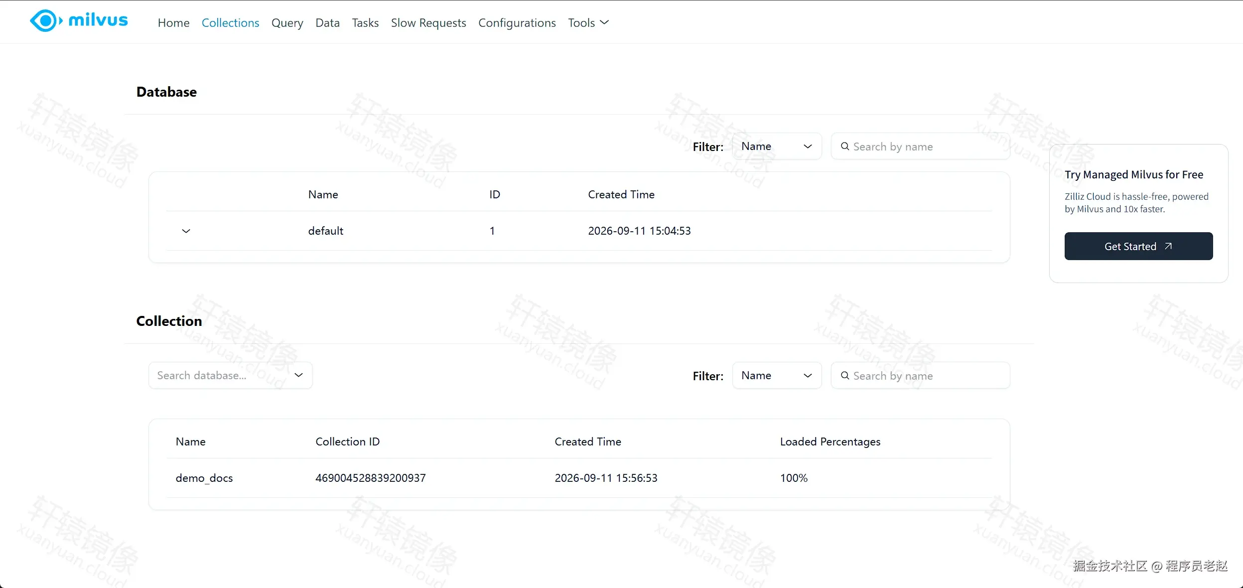 Milvus WebUI Collections：default 库下 demo_docs 已加载 100%