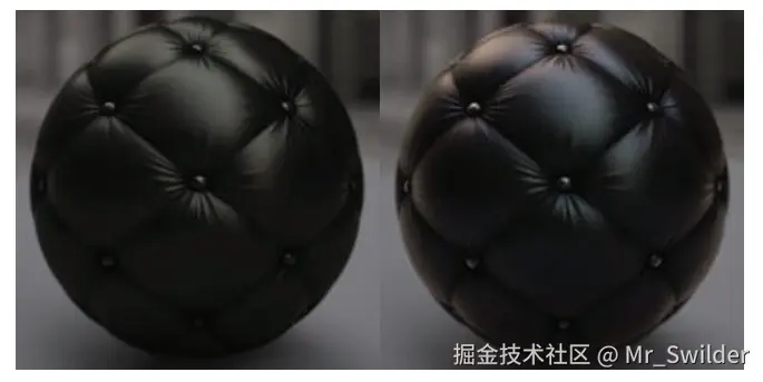 图9.47：左侧的皮革材质没有薄膜干涉，右侧的皮革材质有薄膜干涉。由薄膜干涉所引起的高光变色，增强了图像的真实感。 [27]