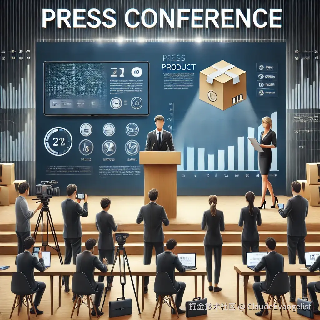 DALL·E 2024-09-18 23.39.33 - A business setting with a speaker on stage, presenting a new product in front of an audience. The speaker is standing next to a large screen displayin.webp