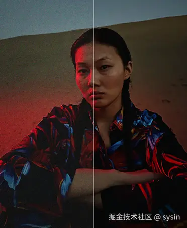 一名女子黄昏时分在沙丘上的照片，照片分割为两部分，展示降噪工具的效果。