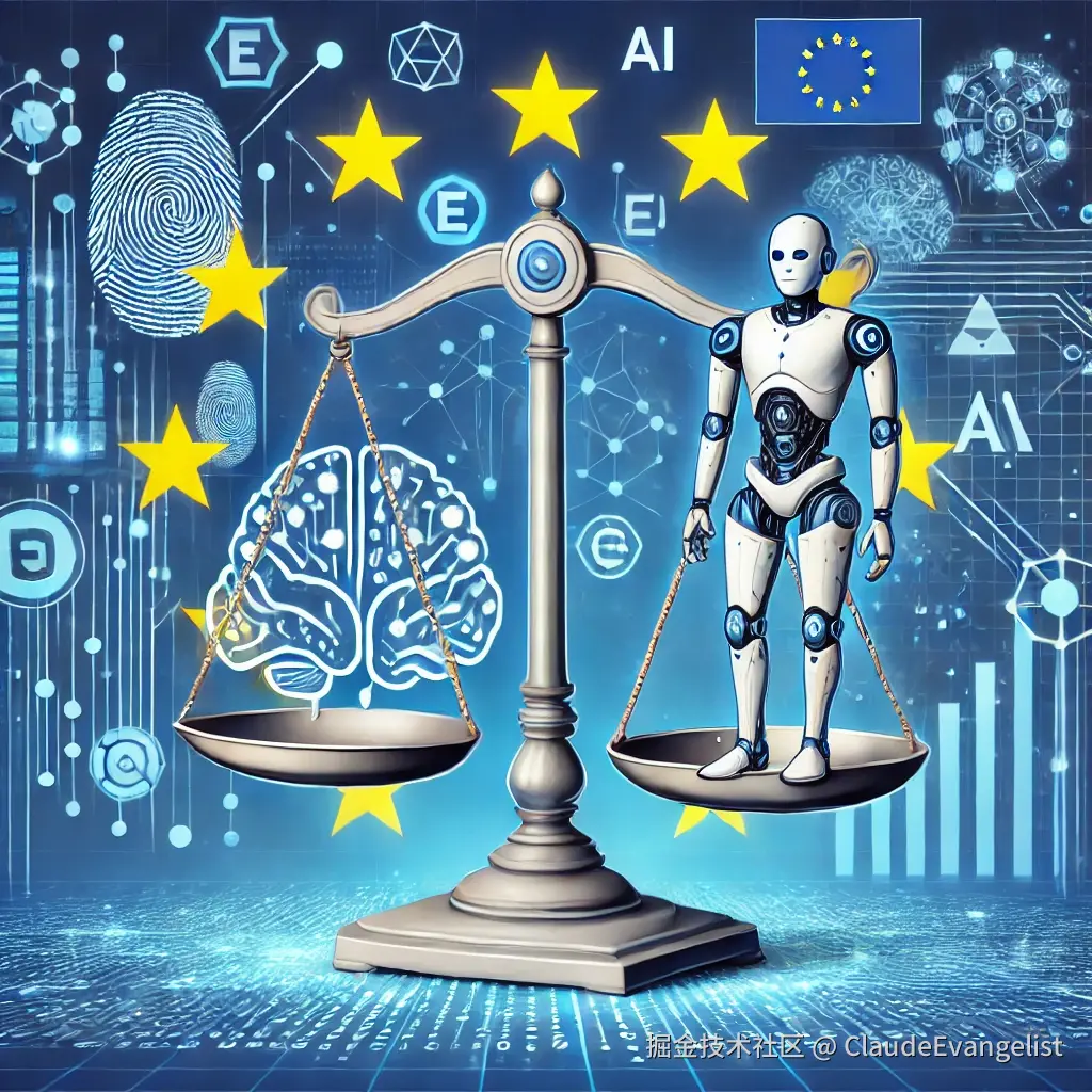 DALL·E 2024-08-15 22.03.39 - A professional illustration representing the European Union's AI Act, featuring a balance scale symbolizing regulation and innovation, with AI element.webp