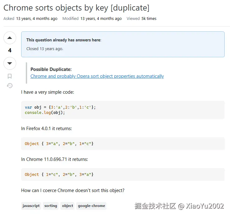 stack overflow社区关于浏览器中对象排序的讨论