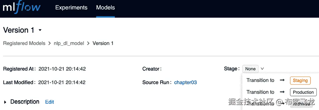 图 3.8 – MLflow 跟踪服务器 Web UI 显示新注册的模型