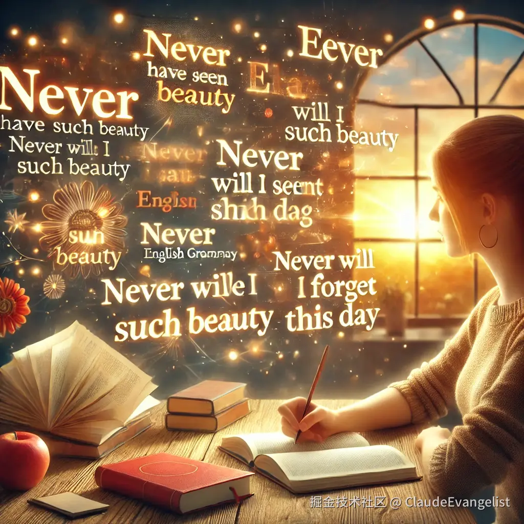 DALL·E 2024-12-25 11.06.46 - A visually engaging illustration of a young adult writing in a notebook at a desk, surrounded by English grammar books, with phrases like 'Never have .webp