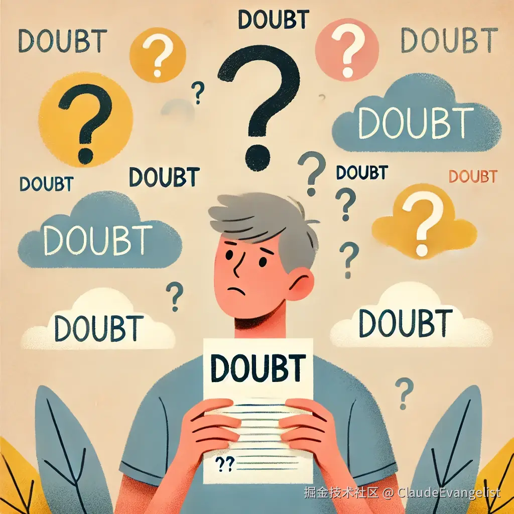 DALL·E 2024-10-10 22.37.17 - An illustration showing a person looking thoughtful and holding a piece of paper with the word 'Doubt' written on it. Around the person, there are que.webp