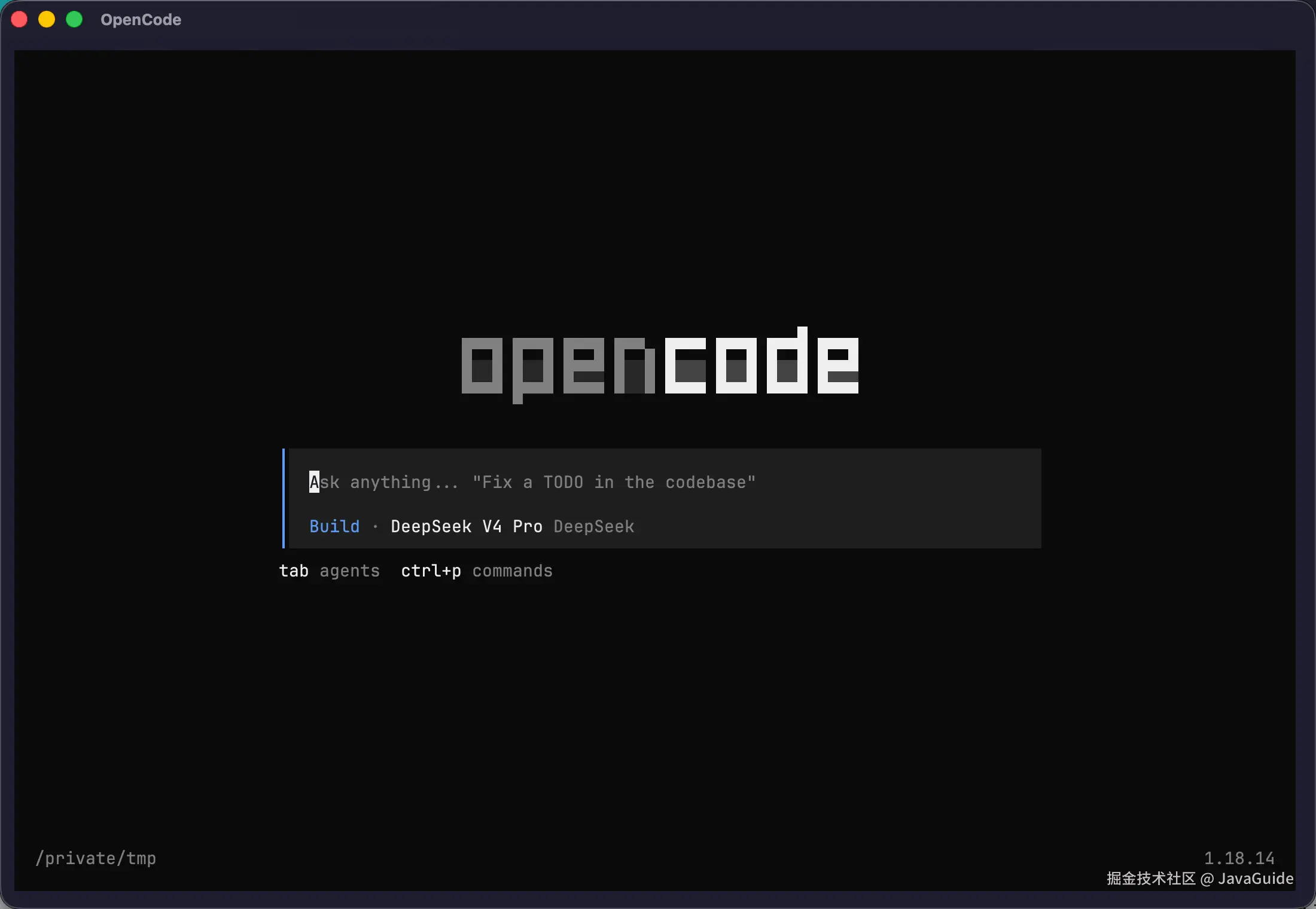 OpenCode 在 Ghostty 中启动后的主界面
