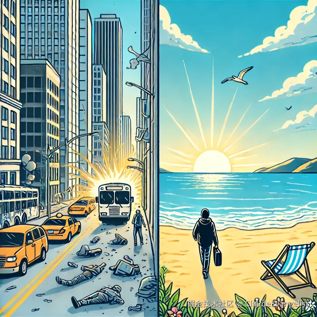 DALL·E 2024-12-13 22.57.21 - An illustration showing a person escaping a chaotic city environment to a peaceful beach, symbolizing the different meanings of the phrase 'get away'.webp