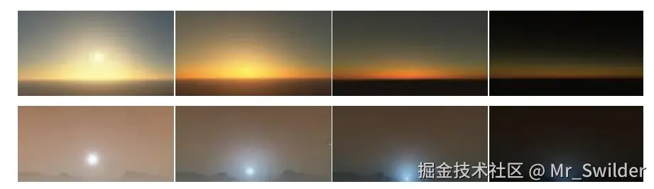 图14.24：使用全参数化模型的实时渲染，可以对地球大气层（上） [203] 和其他行星的大气层进行模拟，例如火星上的蓝色日落（下） [743] 。