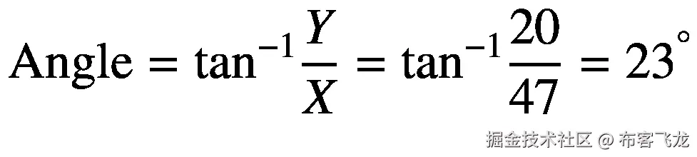 \mathrm{Angle}={\tan}^{-1}\frac{Y}{X}={\tan}^{-1}\frac{20}{47}={23}^{{}^{\circ}}