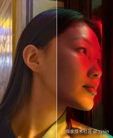 一名女子在暗红色光线室内的照片，照片的左右两半部分有所不同。