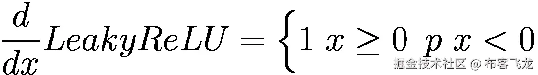 \frac{d}{dx} LeakyReLU=\Big\{1\ x\ge 0\kern0.5em p\ x&lt;0