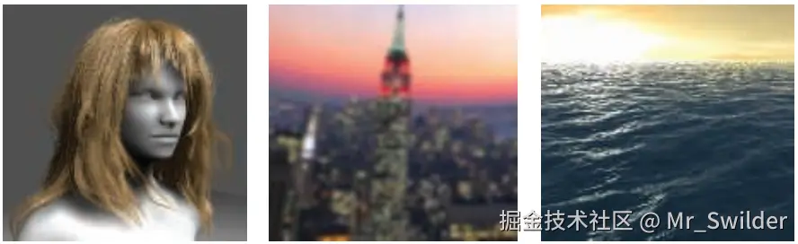 图3.16：使用计算着色器的例子。左图使用计算着色器来模拟被风吹动的头发，而头发本身的渲染则是使用曲面细分来完成的。中间的图片使用计算着色器来快速完成模糊效果。右图使用计算着色器来模拟海面上的波浪。 [1301]