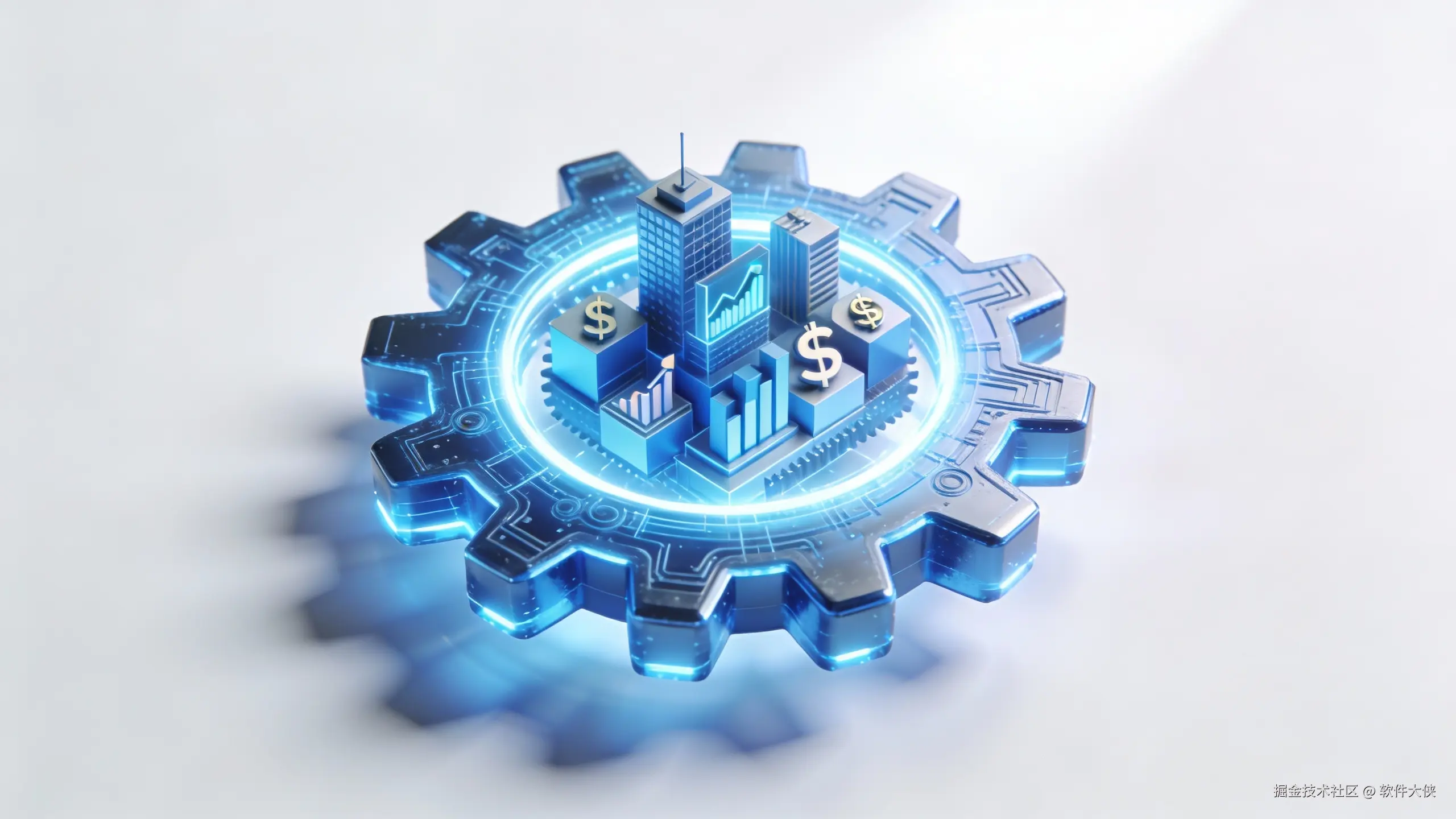 一张抽象的3D插画，一个发光的蓝色齿轮（代表技术）正在驱动一个复杂的商业结构模型（代表商业），体现技术赋能商业的概念。背景简洁，主色调为蓝色和白色。